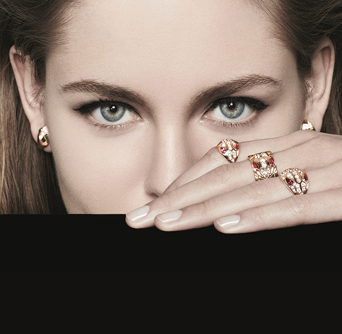 Serpenti pink gold earrings with malachite and diamonds, Serpenti pink gold ring with rubellite and diamonds, Serpenti pink gold band ring with rubellite and diamonds, Serpenti pink gold ring with rubellite and diamonds (Photo by Mark Rabadan)